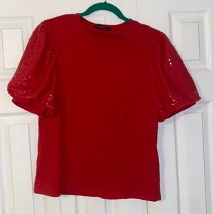 On Twelfth Large Red Short Sleeved Sequin Puff Sleeve Shirt
